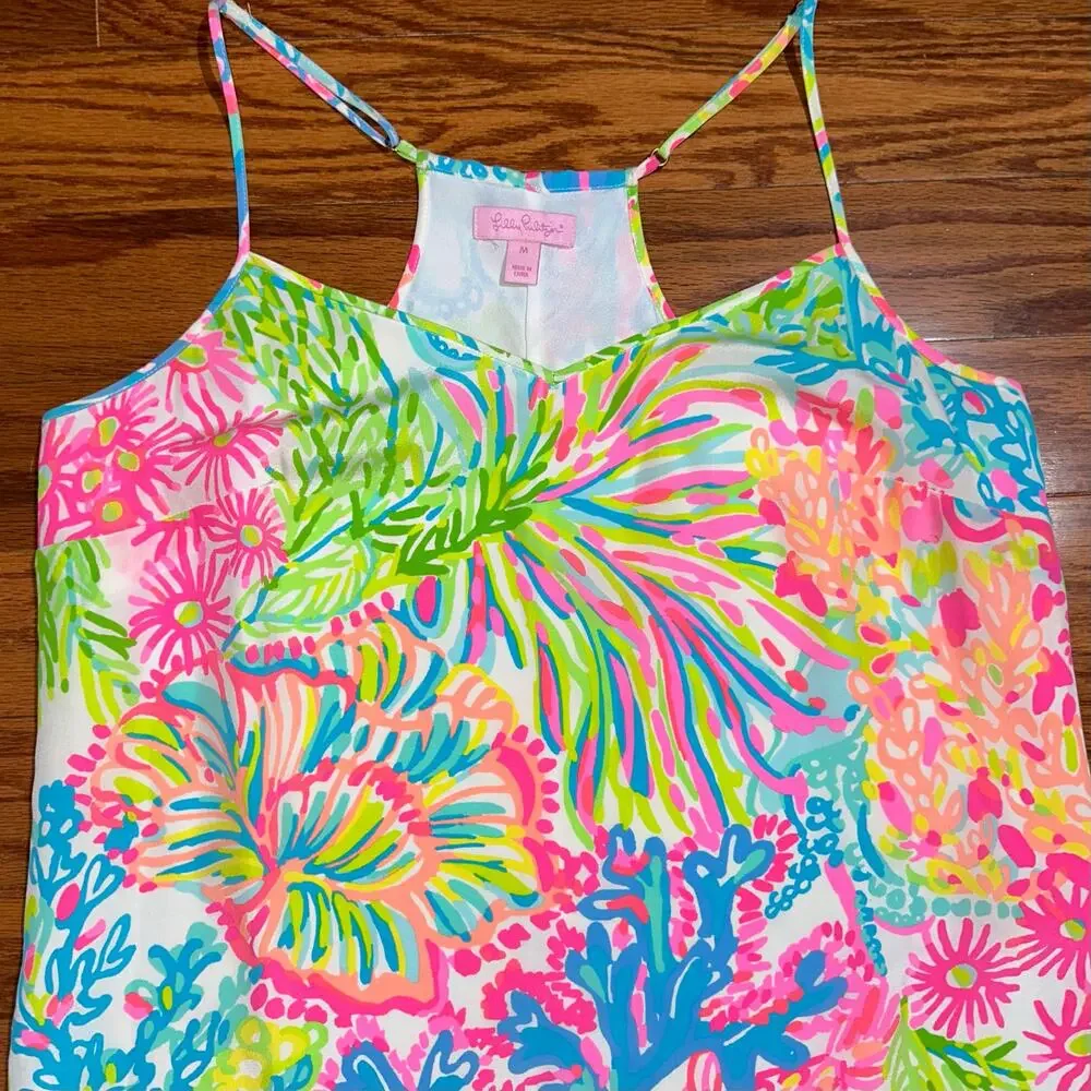Lilly Pulitzer Dusk Colorful Neon ‘Lovers Coral’ Silk Mini Slip Dress Size M